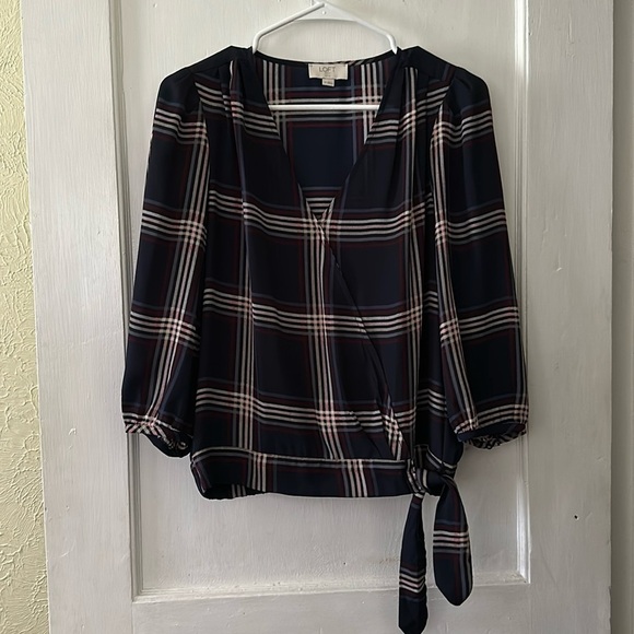 Loft Outlet Boho Navy Striped Long Sleeve Faux Wrap Blouse Top - Picture 1 of 6